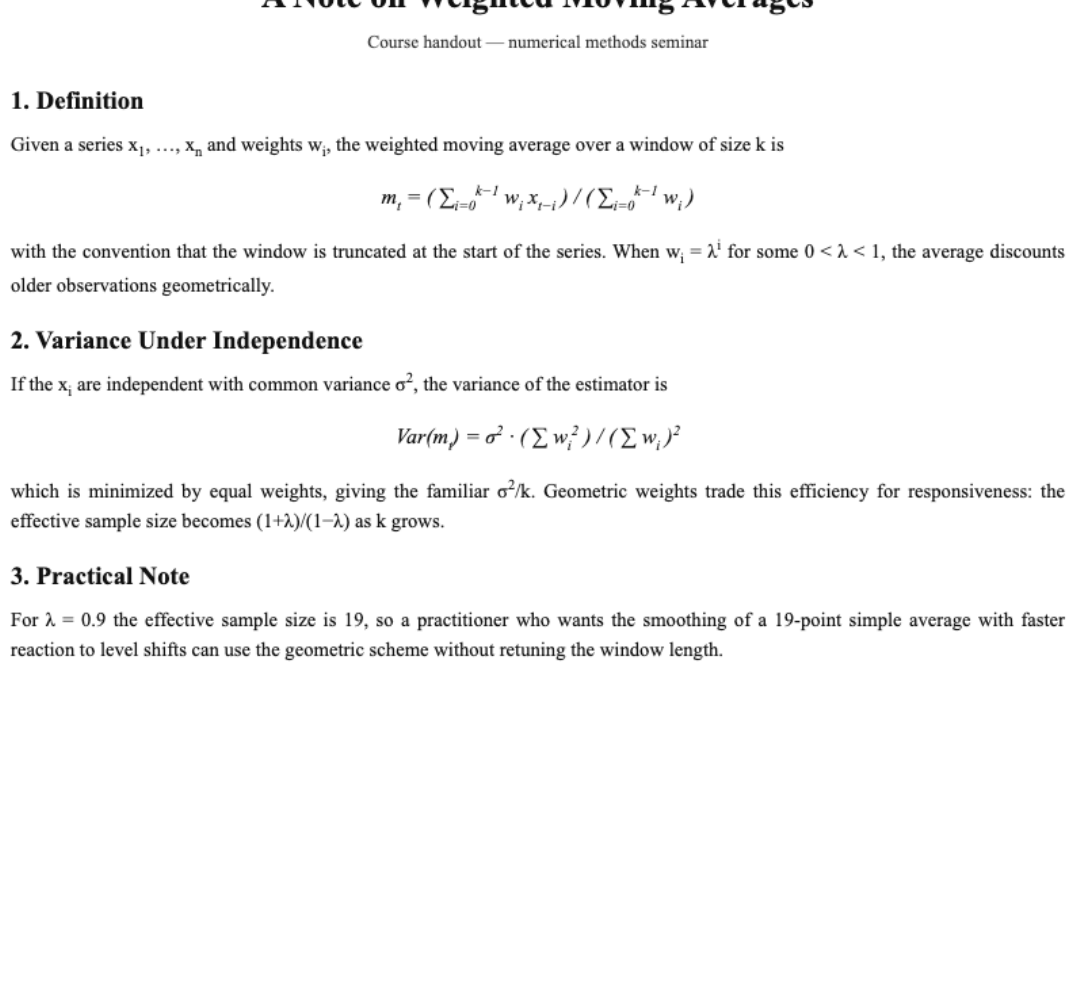 Scanned image of the weighted moving averages handout with two display equations