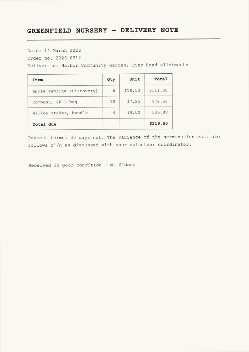 Scanned delivery note on off-white paper, slightly rotated, with a ruled item table